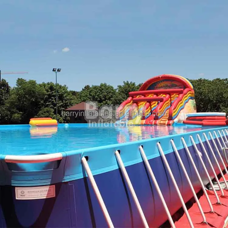 Hot Sale Amusement Park Metal / Steell Frame Swimming Pool With Water Slide, Inflatable Water Toys