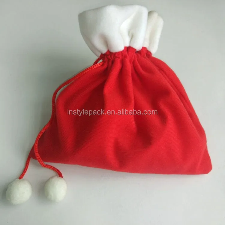 Red Velvet Drawstring Pouches Jewelry Christmas Gift Bags With pom pom ball