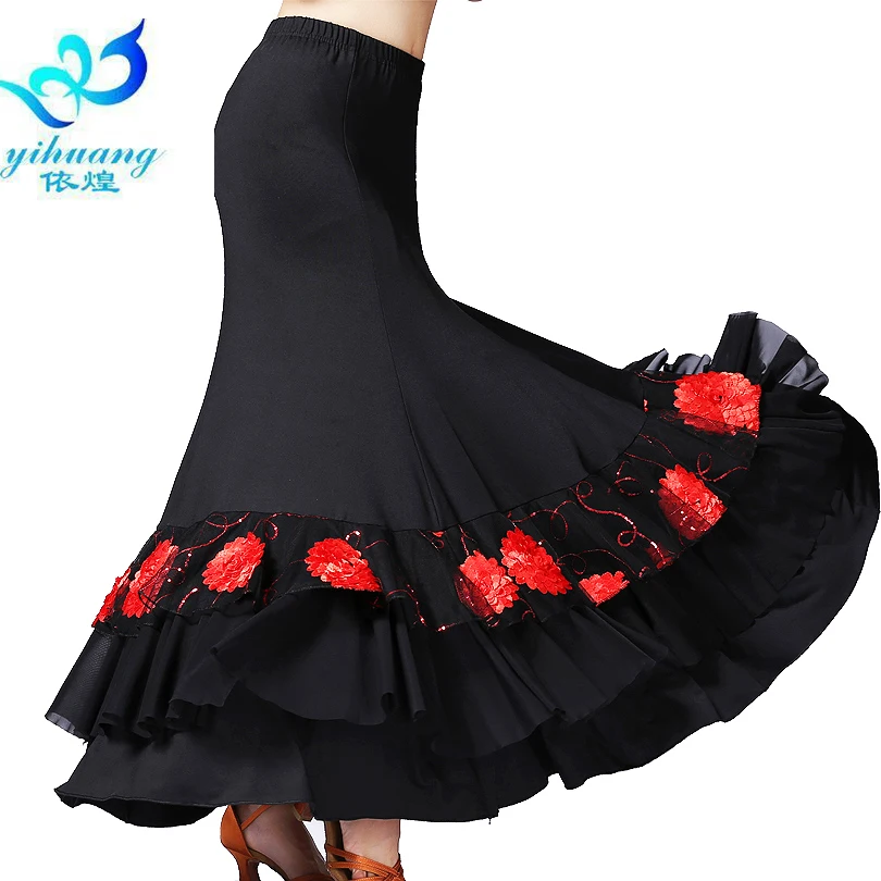Multicolor large hem practice ballroom dance dress skirt women waltz performance wear
