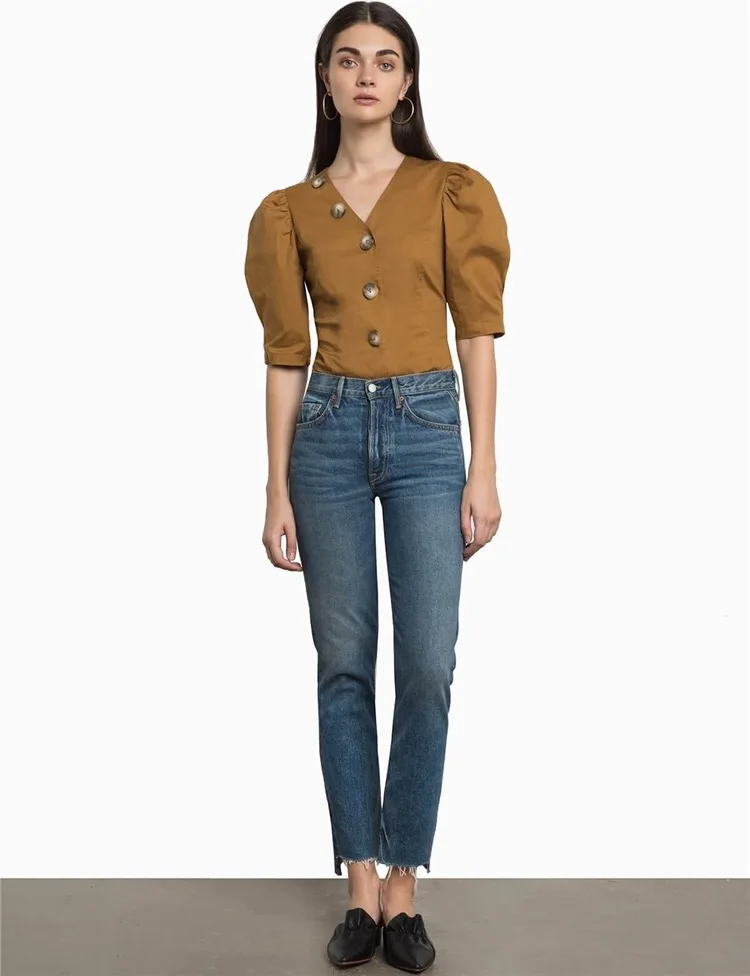 
Cheap Price Women Retro Puffy Sleeve Brown Oversize Buttons Short Blouses Cotton Shirts 