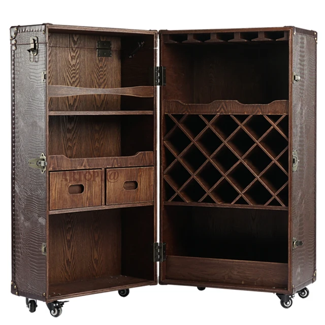 Vintage Luxury Decorative PU Furniture Bar Whisky Wine Drinks Shelf Display Cabinets With Casters