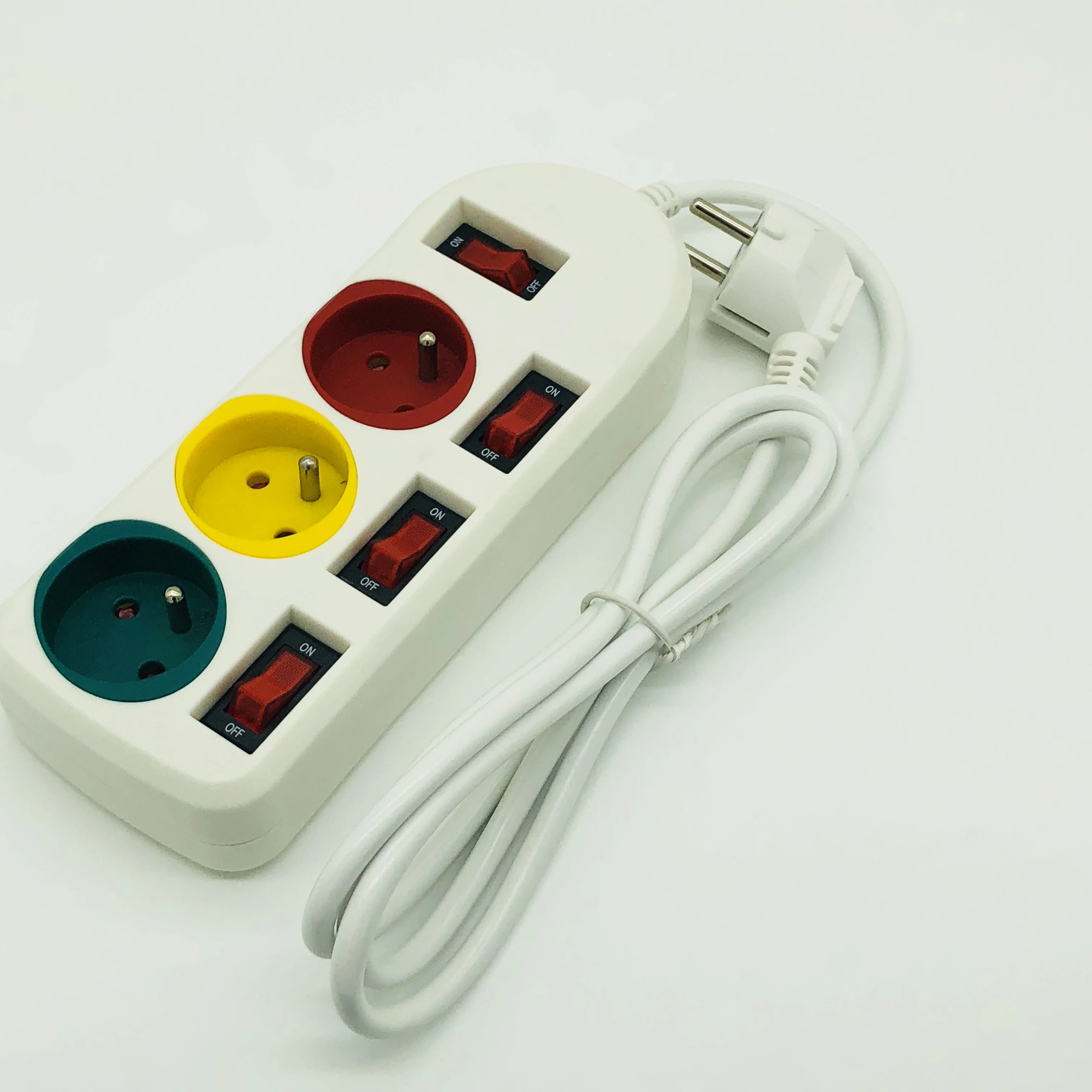 French Type 3 Outlets  Pop Colorful Power Strip  Extension Plug Socket with Individual Switches with CE