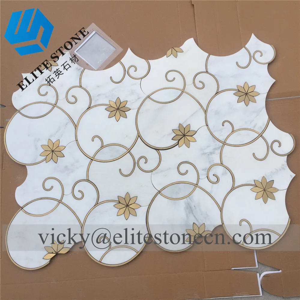 carrara white marble water jet mosaic gold metal brass inlay luxury wall tile