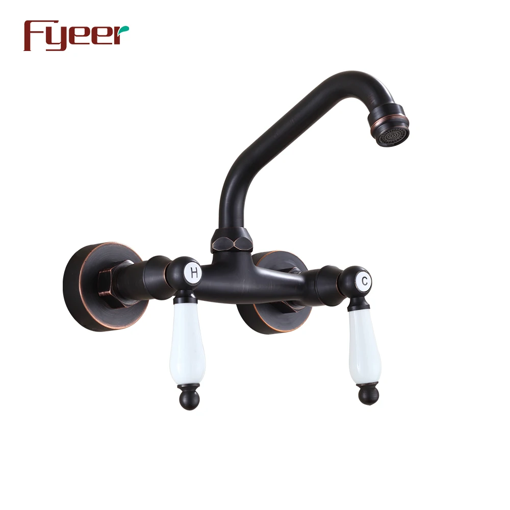Fyeer Wall Mounted Black Kitchen Faucet with Double Ceramic Handle