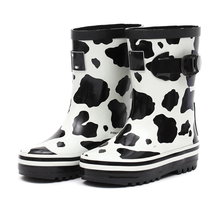 Fancy pattern online shop small moq black white cow print silicone rubber ankle child rain boots wellingtons with side buckle