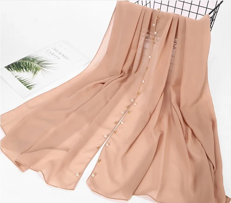 Новый Дизайн мусульманский однотонный шифоновый жемчужный Хиджаб Женский головной шарф