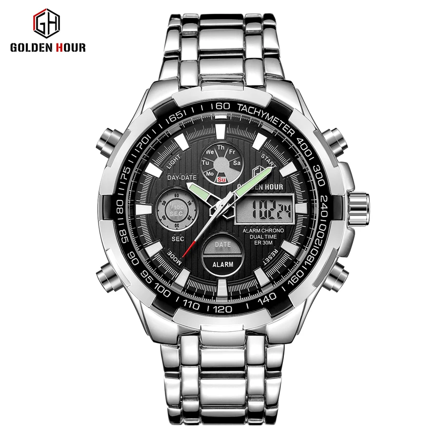 
goldenhour fashion clock with large dial japan movement chronograph genuine gifts high quality men waterproof wristwatch 
