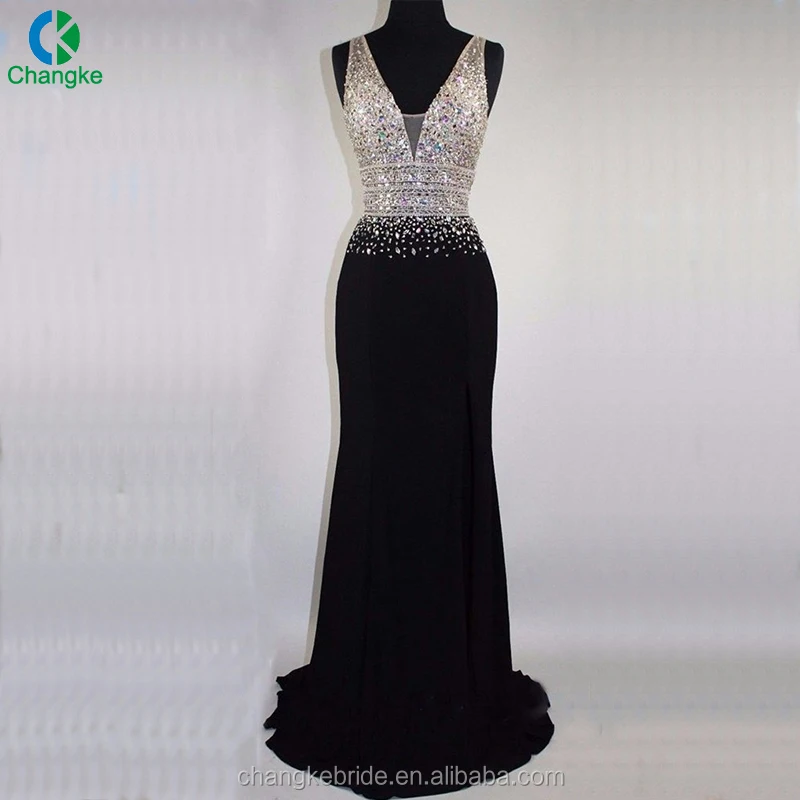 
Heavy Beaded Crystal Sexy Mermaid V Neck Prom Dress 