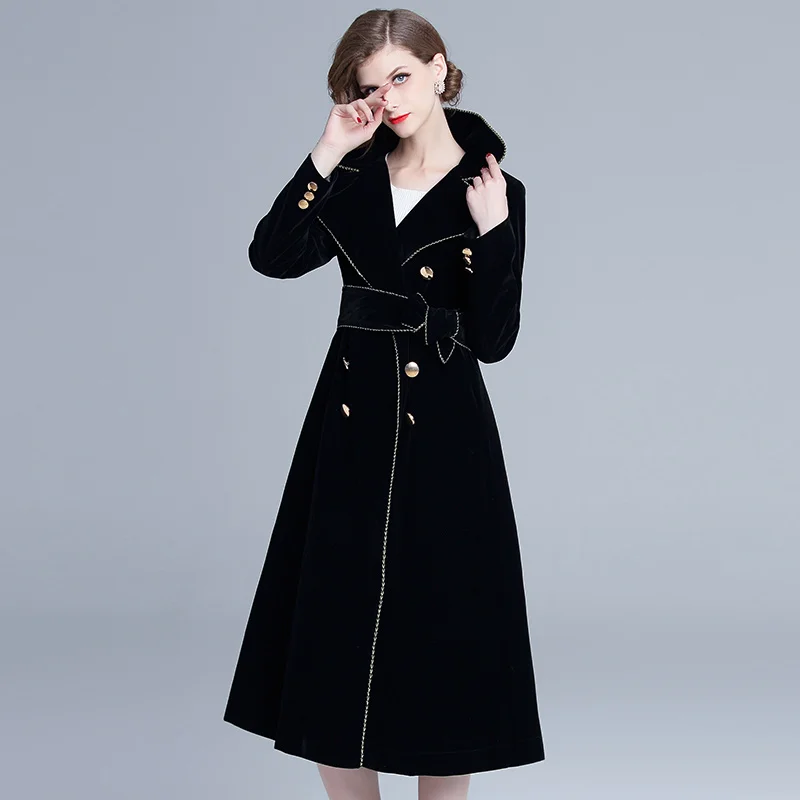 
Hepburn Style European and American Women Fashion Lines Patchwork Double Breasted A Line Velvet Black Coat 