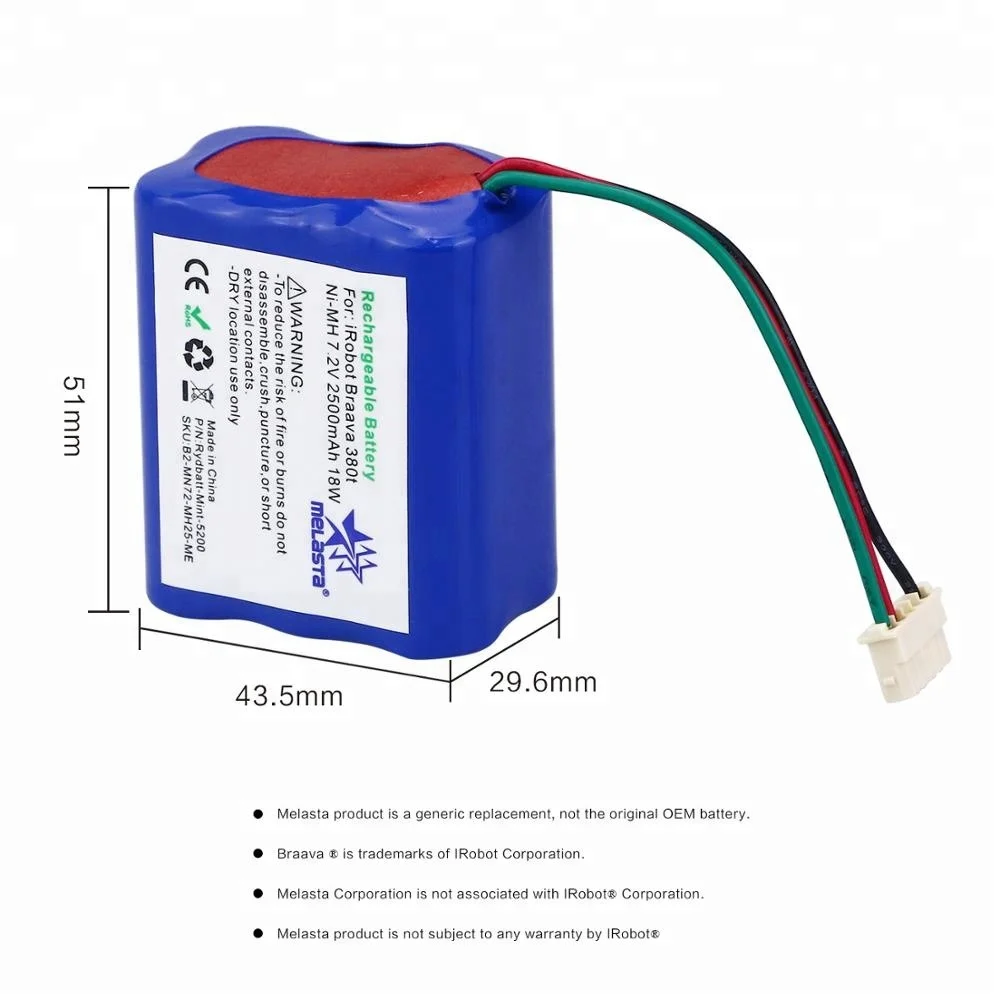 Melasta Wholesale Rechargeable Battery Ni-MH 7.2V 2500mAh for iRobot Braava 380t