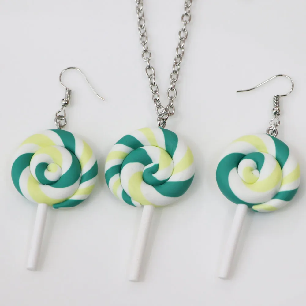 Lovely Colour Lollipop Earring Necklace Jewellery Handmade Polymer Lollipop Swirl Candy Cane Earring Necklace Set