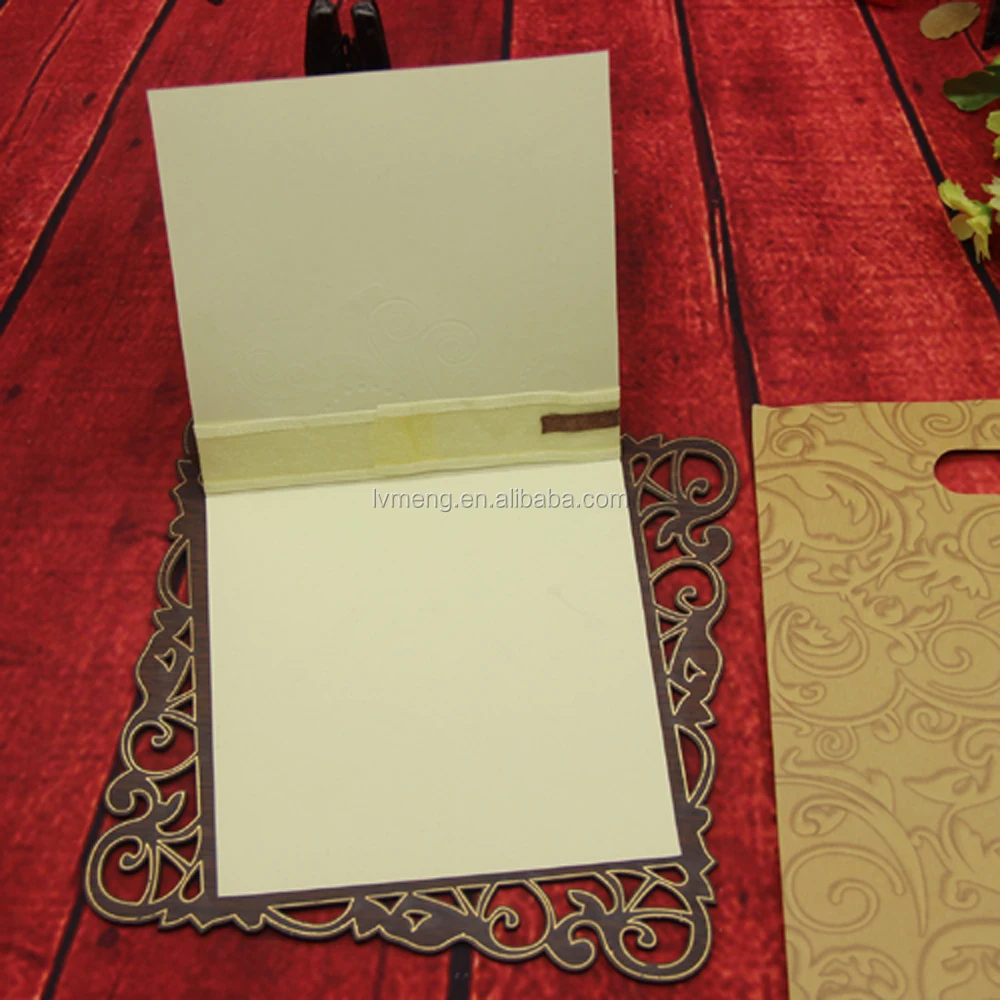 
2016 arabic buautiful Ribbon&butterfly laser cut wooden wedding card/High quality gold stamping invitation card 