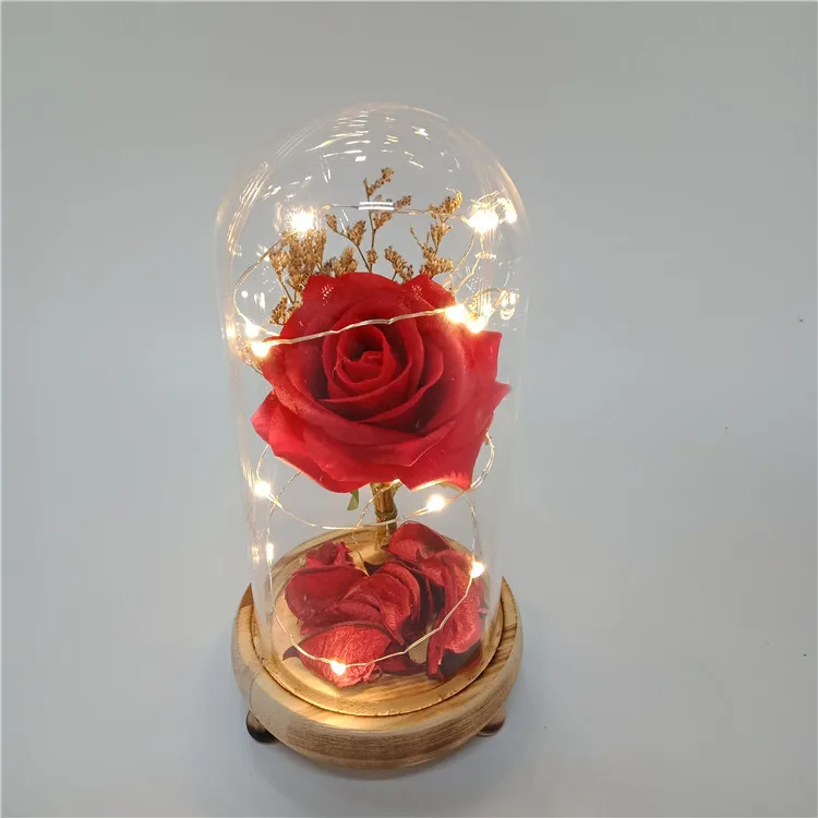 Red series preserved rose in glass dome carnation artificial flowers artificial in glass dome with led light gift for festival