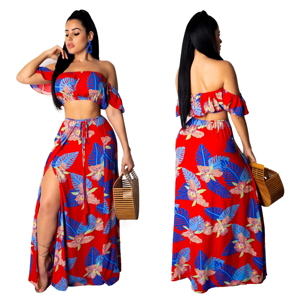 New fashion  print wrap ruffled sexy nightclub dress two piece set women clothing 2021