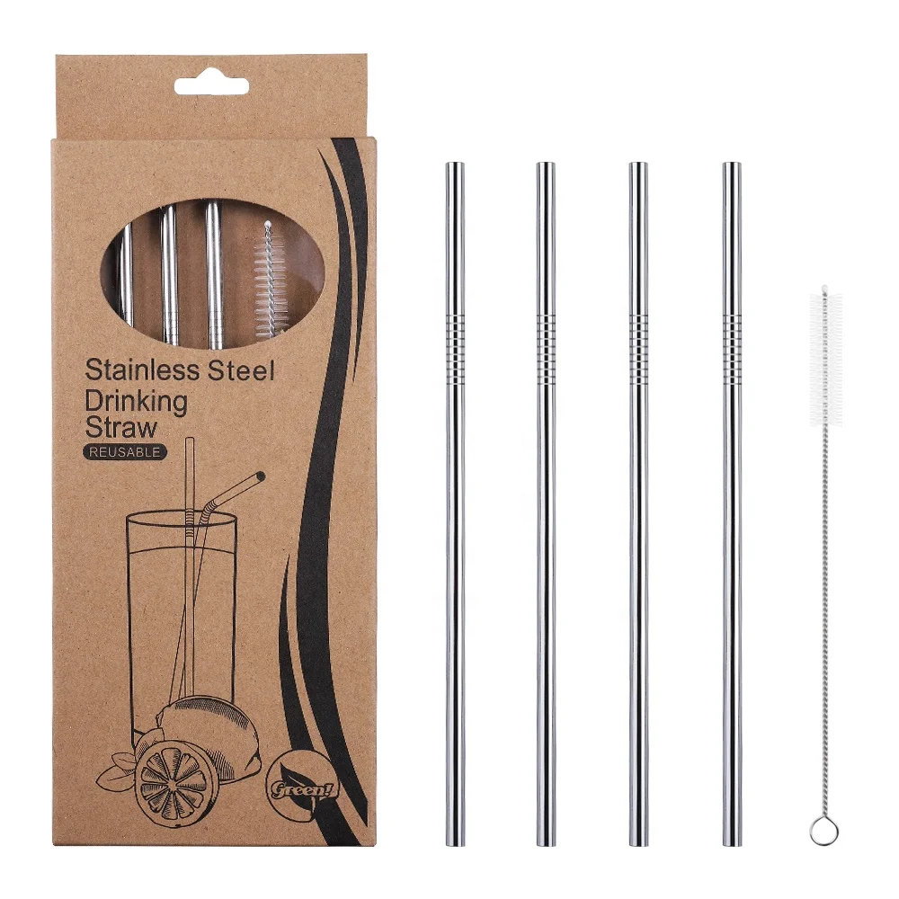 
Food grade approved reusable Craft paper box packaging 6mm stainless steel spoon straw and brush set 