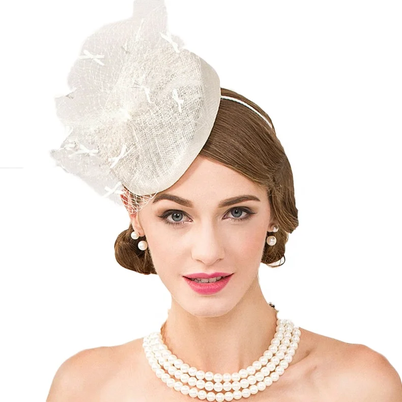 Beige White Formal British Cocktail Fedora Feather Ladies Sinamay Hat Wedding Pillbox Women Top Hats Fascinator Hat