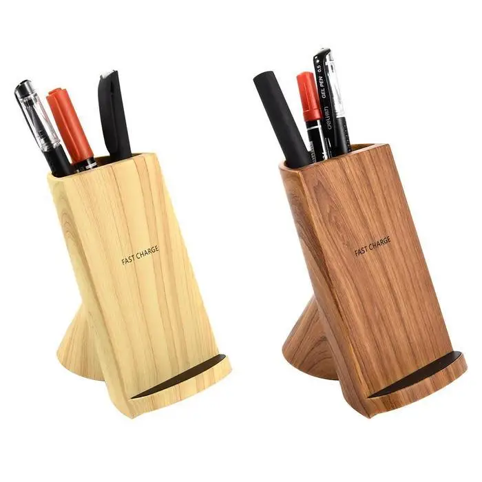 
Double coils qi wireless charger fast stand pen container 2 in 1 wireless charging douck Wooden wireless charging stand 