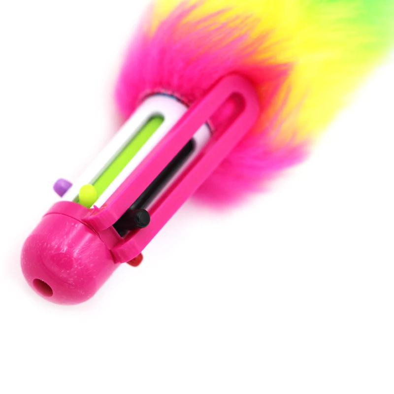 Short fat fluffy pom pom pen multicolor 6 color rainbow ballpoint pen with colorful rainbow barrel