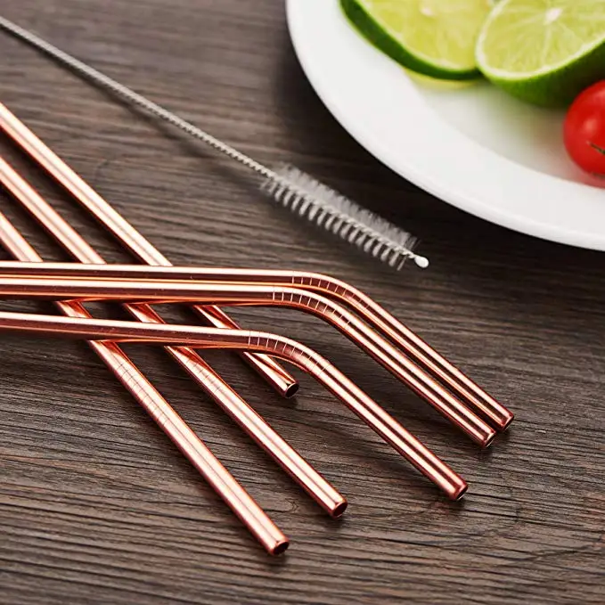 New Reusable Stainless Steel Straws Metal Drinking Straws with Brushes and Silicone Tips