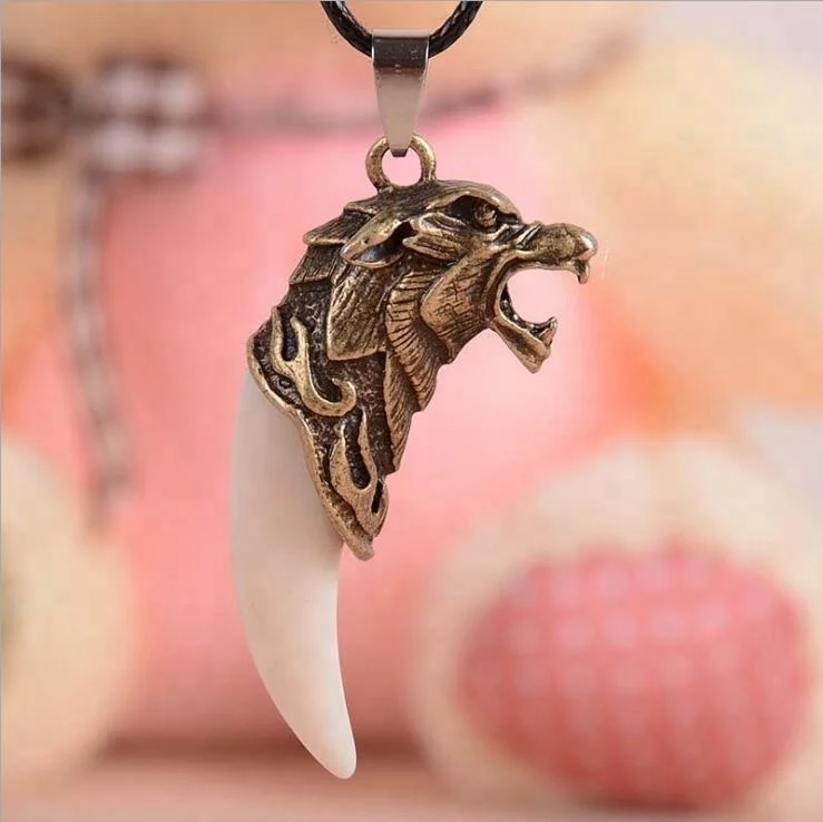 Xus Korean Ivory White Wolf Head elephant tooth pendant necklace jewelry for men