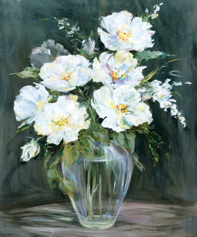Elegant White Rose Painting Flower Vase Still Life Canvas Oil Painting