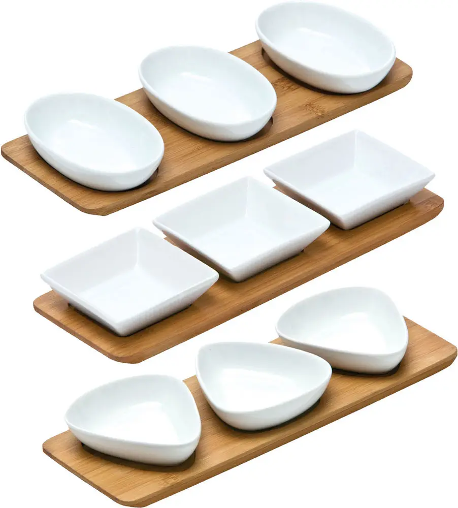 Restaurant used various shape snack bowl set with wooden base / sauce bowl set