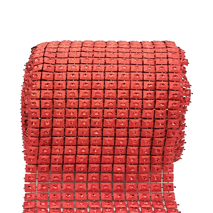 Stylish 12 rows red Square plastic rhinestone mesh  for Wedding Table Wrap