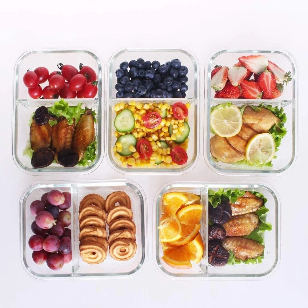 Amazon Hot Selling 5 Pcs Glass Meal Prep Containers 2 Compartment set with Removable Snap Lids
