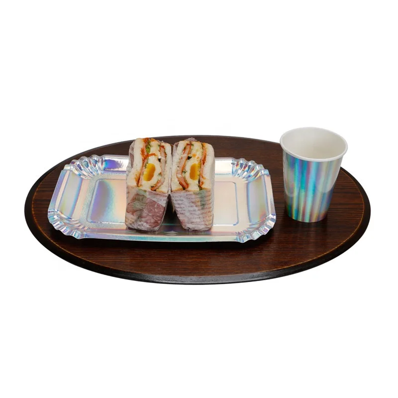 Classical Hot Sell  Disposable 400 gsm  10.5 inch Rectangle  Rainbow Silver Foil Paper Plates