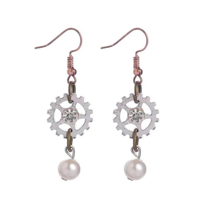 Fashion Ethnic Round Gears Crystal Pearl Dangle Earrings For Women Steampunk Ear Vintage Gold Silver Steam Punk Jewelry