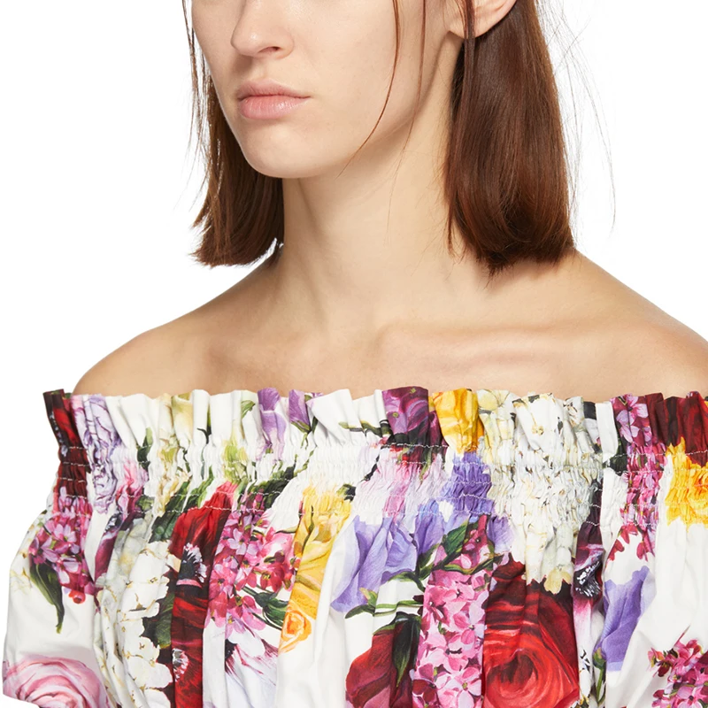 Full Floral Print Cover Up Fashionable Women Wearing Three Quater Sleeves Ruffles Neck Off the Shoulder Top Women