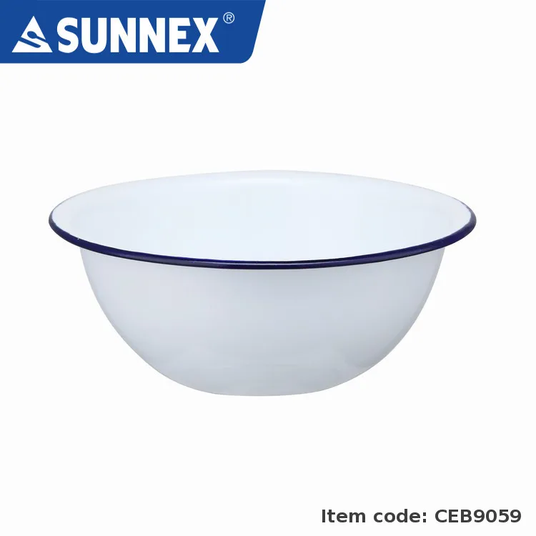Sunnex Durable Steel Inner Blue Rim White Bowl Plate Cup Dish Mug Enamel Coating Tableware for Restaurant Hotel Crockery