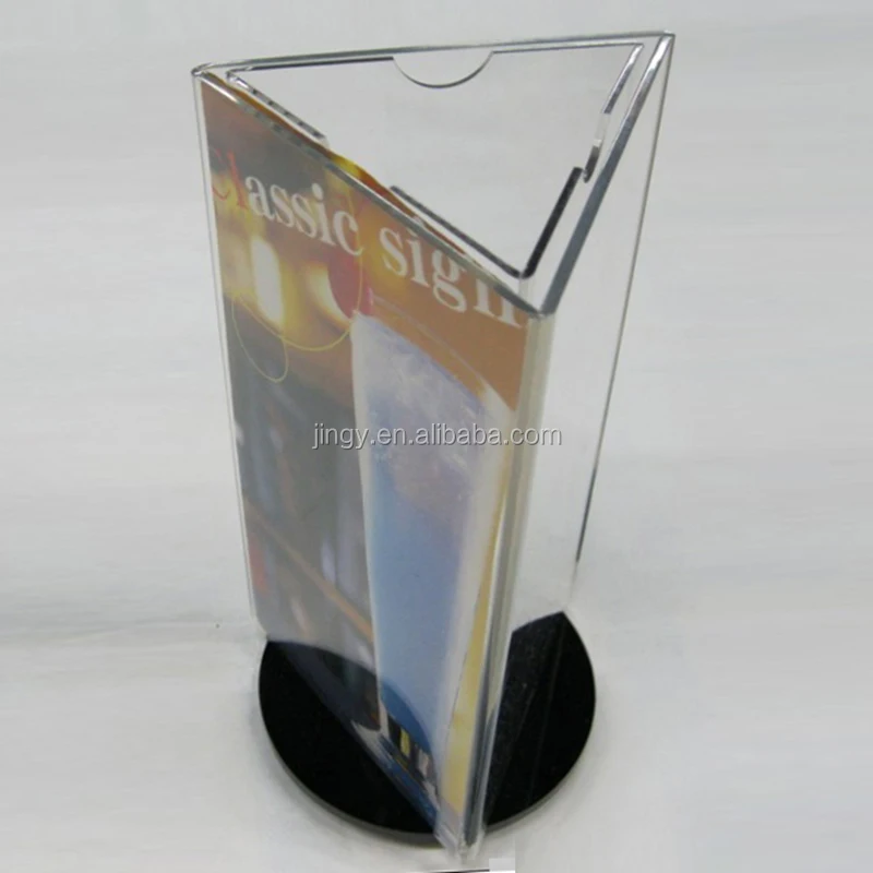 Clear triangle restaurant hotel pmma plexiglass acrylic 3 sided rotating table tent menu holder acrylic triangle menu holder