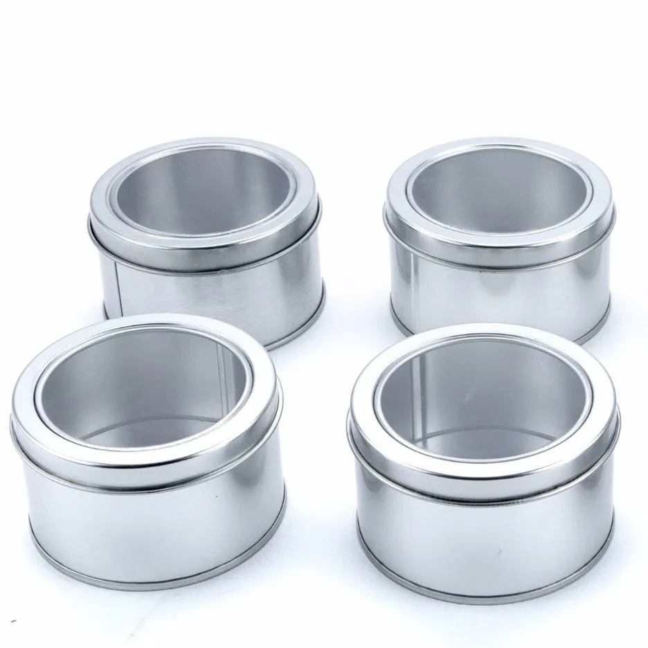Round Metal Recipe Spice Tin Can with clear Window
