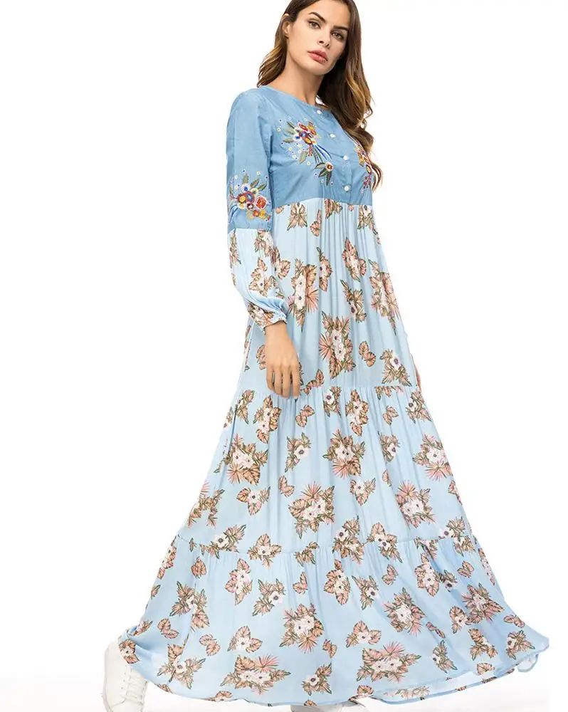 A4267 Elegant Ethnic Floral Long Dress Fashion Contrast Color Block Patchwork Maxi Dresses long Sleeve Muslim Arab Clothes