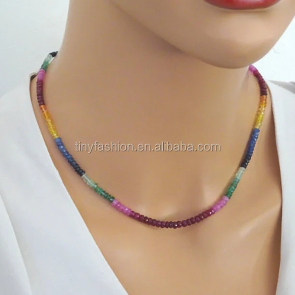 Colorful Genuine precious Sapphire Ruby & Emerald faceted Beads Necklace Multi Natural gemstone Necklace