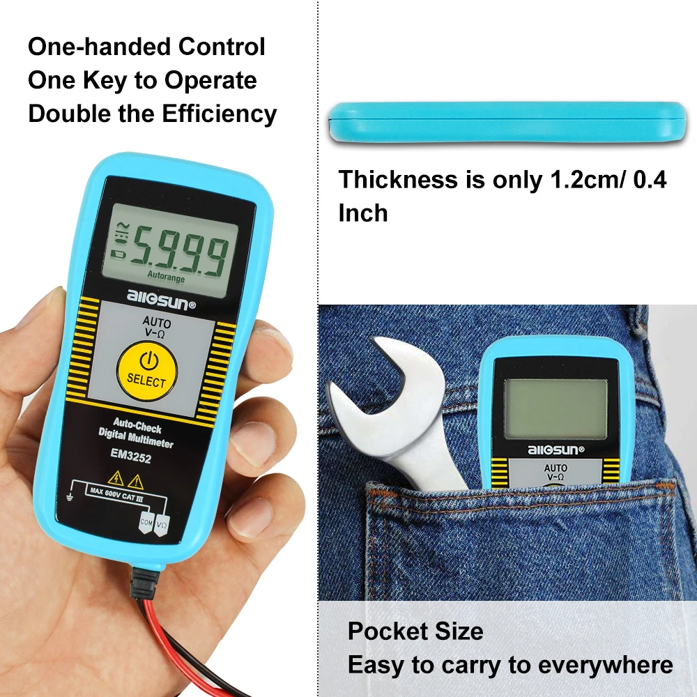 Allosun EM3252 Auto Ranging Pocket Multimeter Digital Voltmeter Resistance Frequency Capacitance Continuity 7-Modes Test