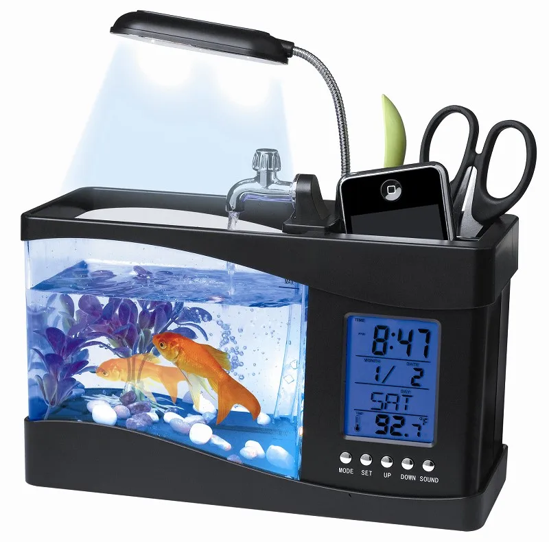 Mini Fish Tank with Water Running LED Pump Light Calendar Clock usb Mini Fish Tank Desktop Electronic Aquarium