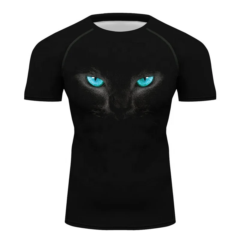 Men Sportswear Black T-shirt Full Printing Blue Eyes Panther Wild Animal Cat Tee Top MMA BJJ Running Rashguards
