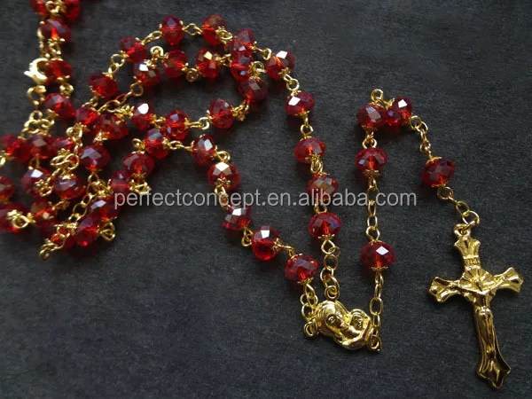 High Quality Red AB Glass Bead Rosary Necklace with Gold Cross Unisex Wedding Party Engagement Gift Featuring Diamond Main Stone