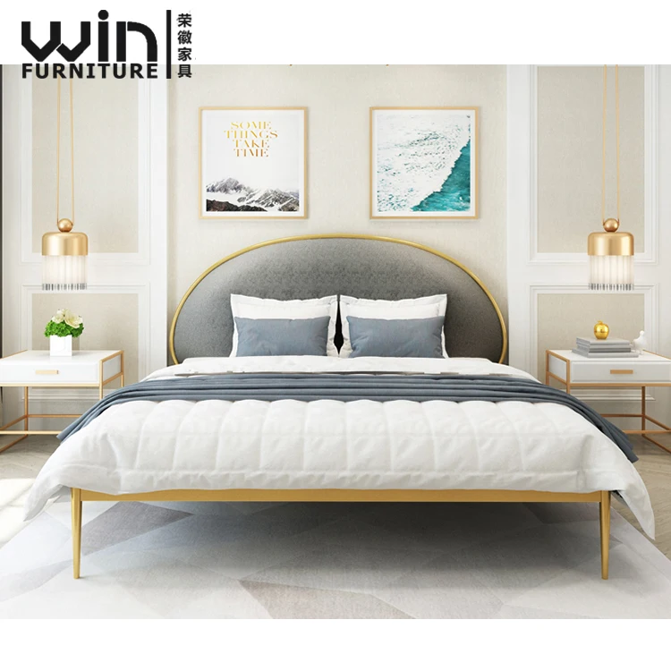 
Luxury metal frame fabric upholstered gold bed design 
