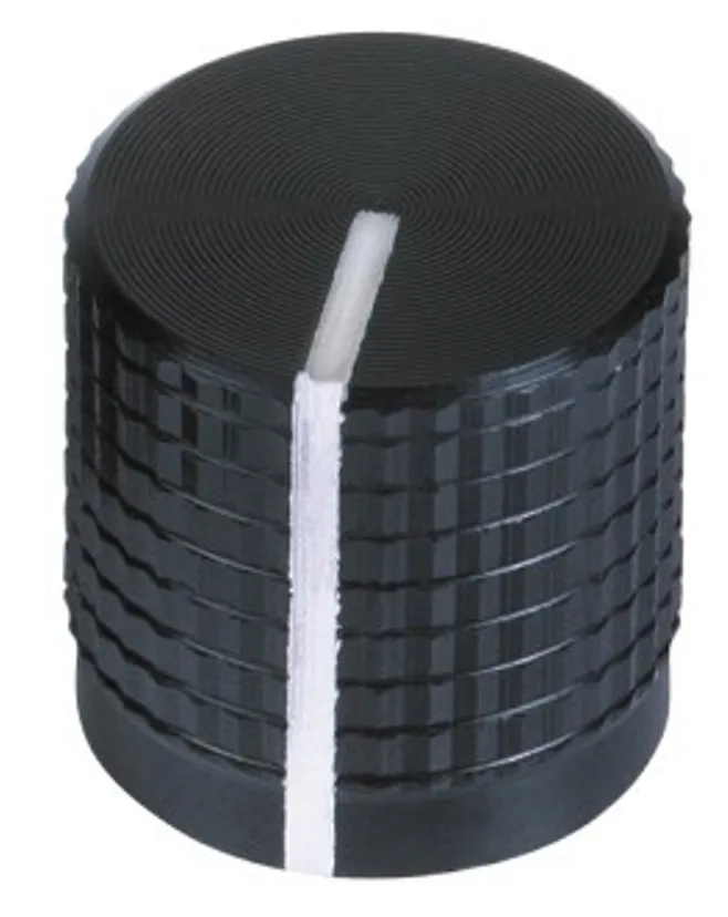 
46154 Black Aluminum shell Knobs with white indicator line, square knurl, and ABS plastic insert 
