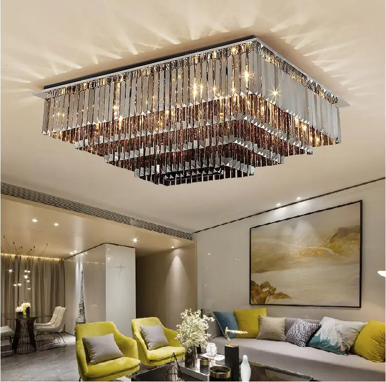 90cm rectangle stainless steel ceiling lamp with smoke crystal for dinning room