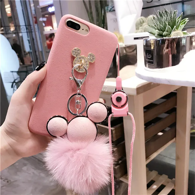 Luxury Diamond Plush Cartoon Mouse Rabbit Fur Ball Tassel Soft Tpu Case with Lanyard for Iphone7/7plus/6/6plus
