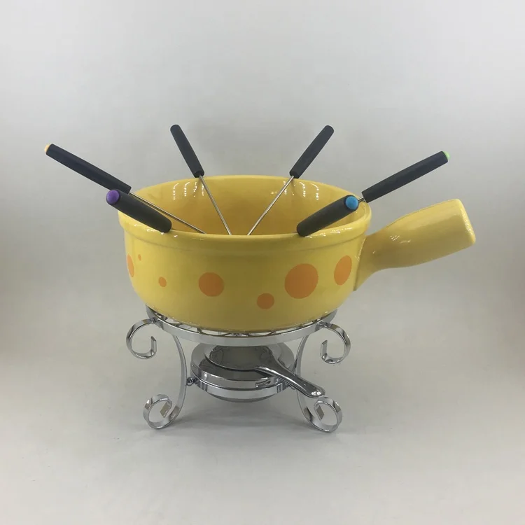 French style heat resistant western hotel ceramic sterno white fondue pot with stand