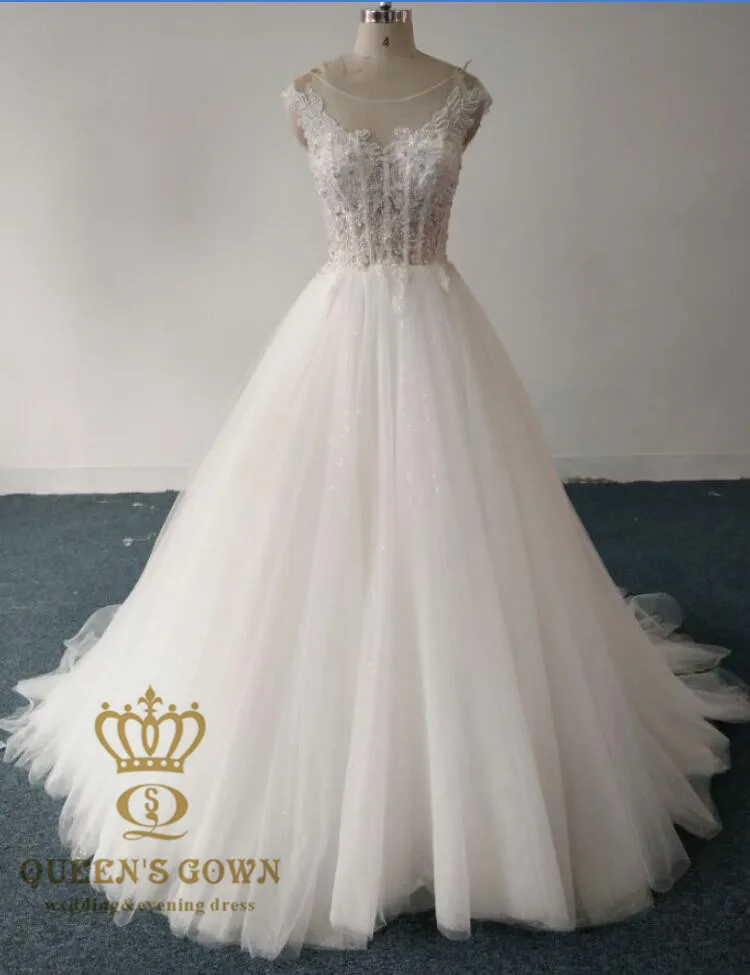 Real Photo Bridal Gown Tulle beading Lace Pattern Elegant Bling Wedding Dress  sleeve Ball Gowns