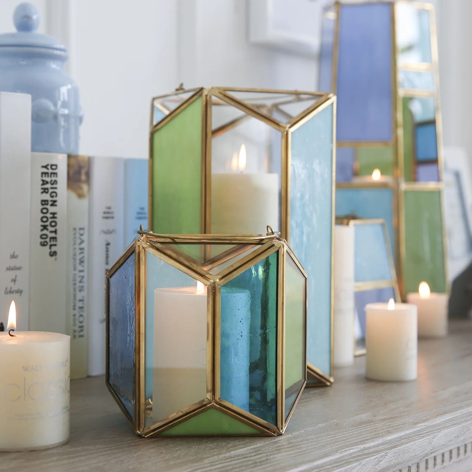 Bixuan Candle Lanterns Sea Blue Stained Church Glass Brass Frame Hanging Tea Light Holder Polyhedral Candle Lamp