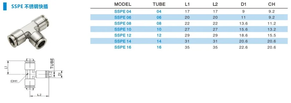 SSPE6 6mm high temperature union tee pneumatic SS316 SS304 INOX stainless steel pipe push in fittings for Chemical