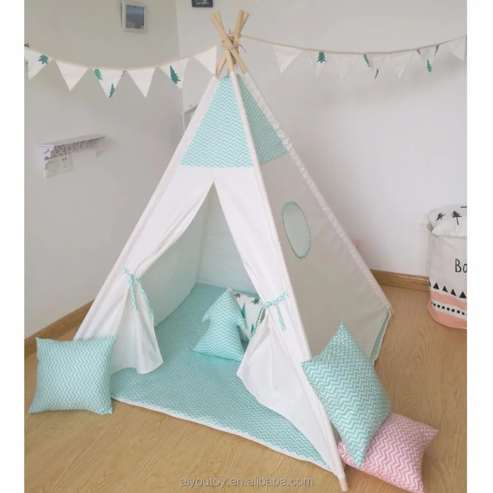 
Kids Play Tent Indian Teepee Children Playhouse four poles with green stripe 
