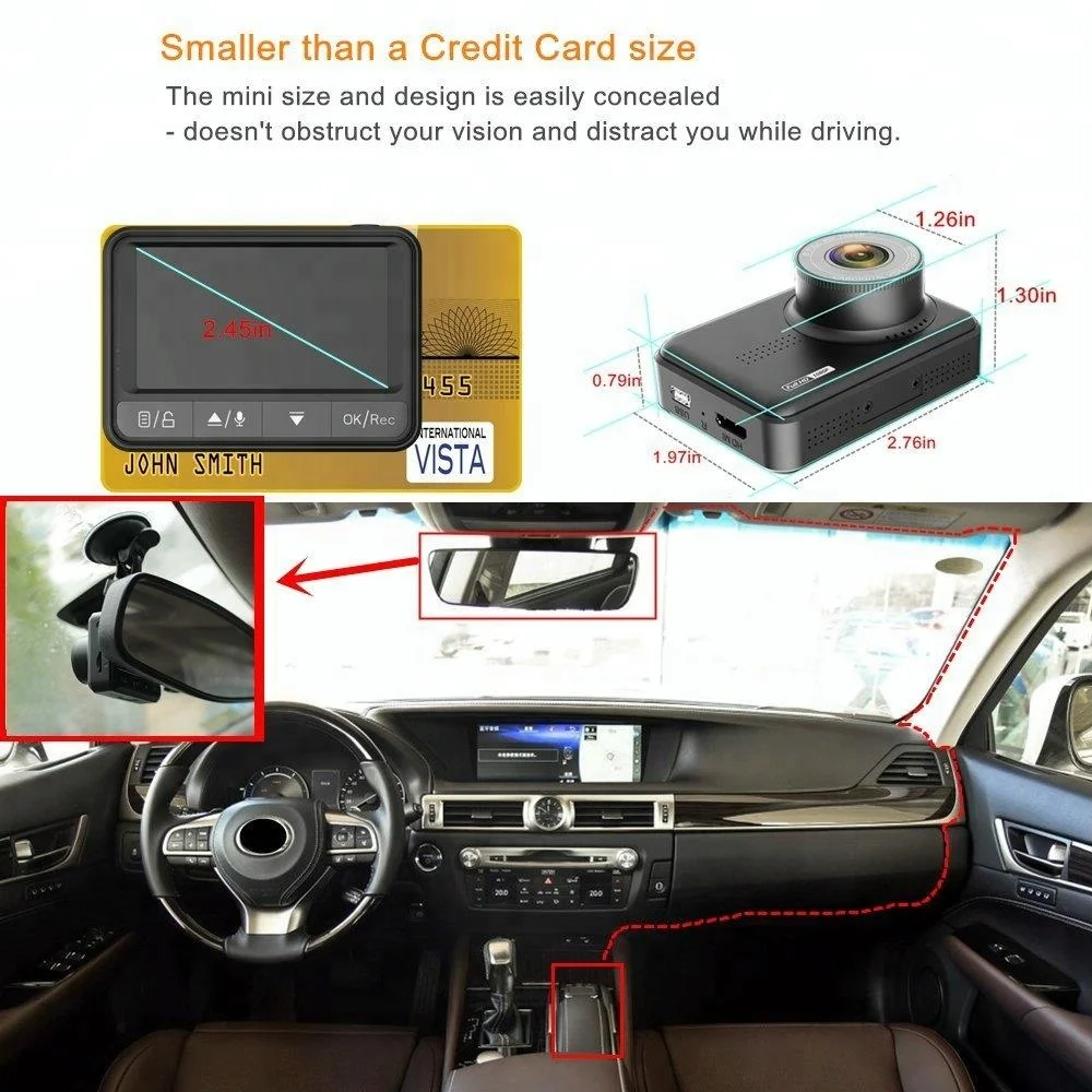 Mini 2.45 inch full hd 1080p 170 degree dual lens car dvr camera with night vision